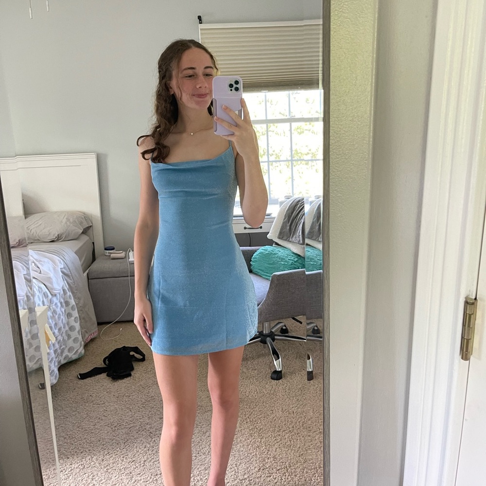 Sky blue dress, soft fabric, very comfortable, perfect for homecoming!